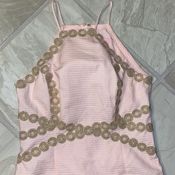 Pearl Shift Dress Paradise Tint Pink Halter Gold Lace - Picture 3 of 7